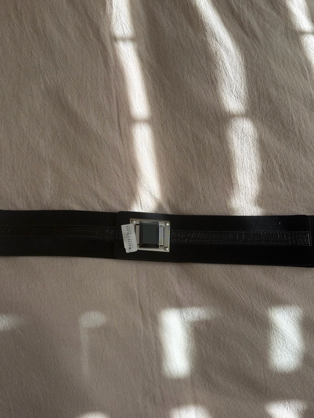 White House Black Market Black Leather Waist Belt with Square Silver Buckle